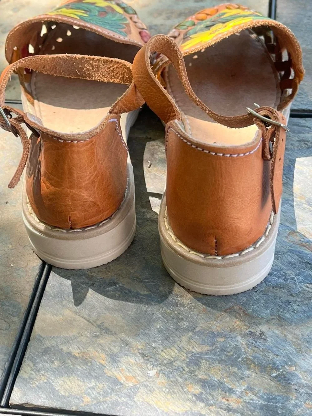 Hand-Painted Sun flowers Leather Ankle-Strap Sandals - Brown with Yellow Flowers